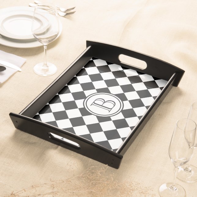 Black and White Checkered Pattern Monogram Serving Tray (Front)