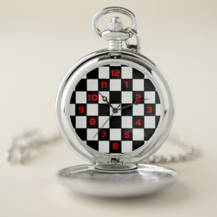 Black and White Checkered Pattern Pocket Watch