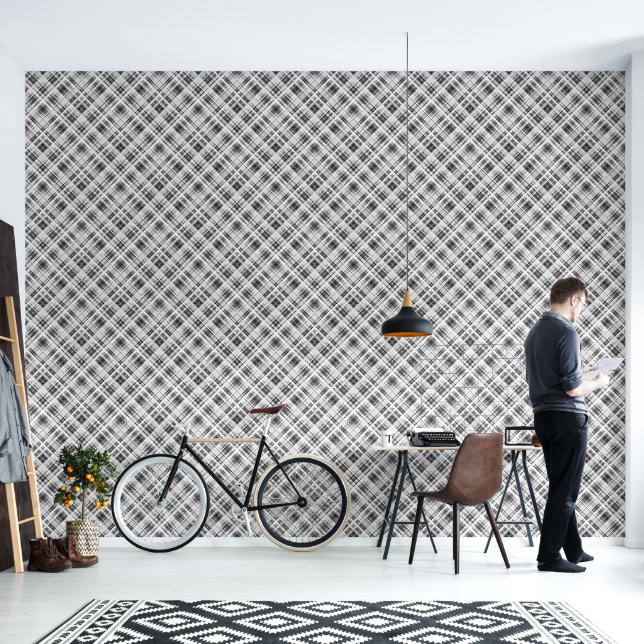 Black and white checkered pattern print wallpaper  (Living Room)
