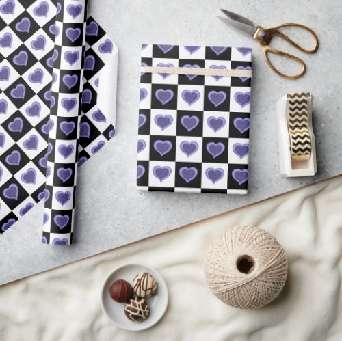 Black and white checkered pattern purple hearts  wrapping paper
