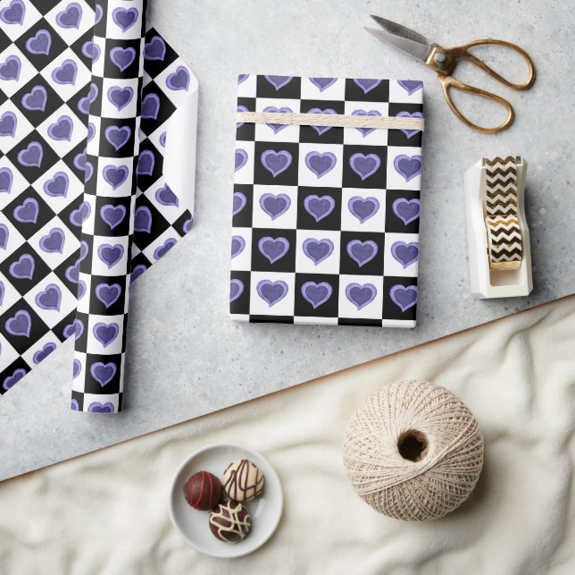 Black and white checkered pattern, purple hearts  wrapping paper (Crafts)