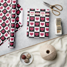 Black and white checkered pattern, red hearts