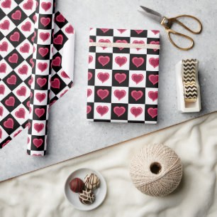 Black and white checkered pattern, red hearts wrapping paper