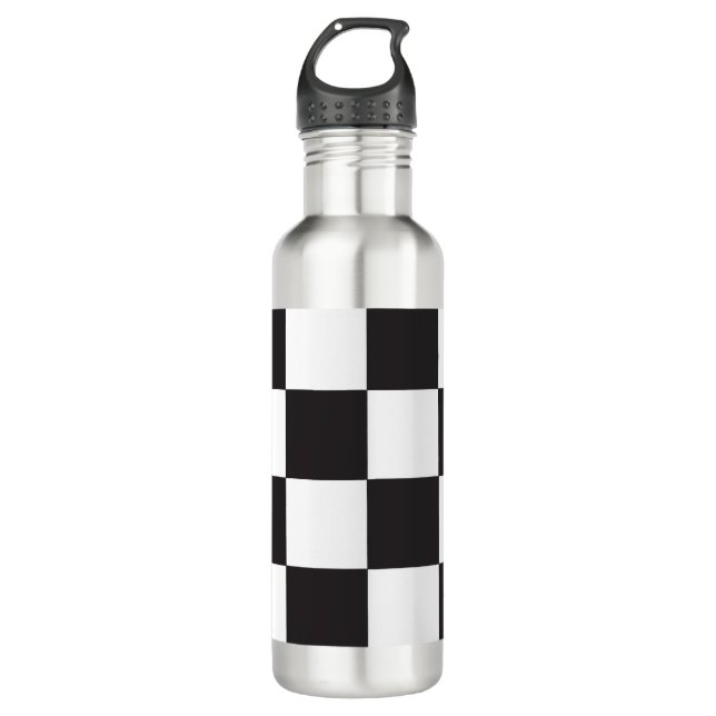 Black and White Checkered Pattern Stainless Steel Water Bottle (Front)