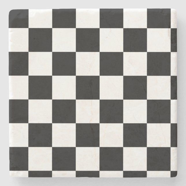 Black and White Checkered Pattern Stone Coaster (Front)