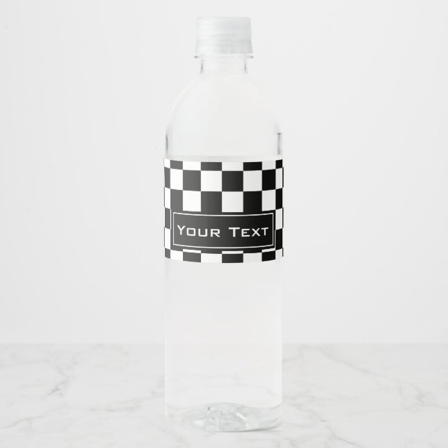 Black and White Checkered Pattern Water Bottle Label (Front)