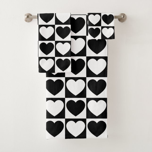 Black and White Checkered Pattern With Hearts Bath Towel Set (Insitu)