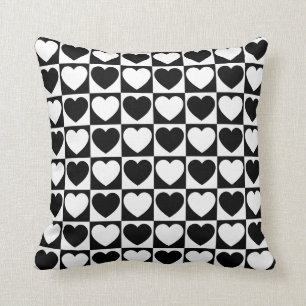 Black and White Checkered Pattern With Hearts Throw Pillow
