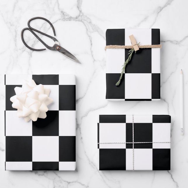 Black and White Checkered Pattern Wrapping Paper Sheets (Front)