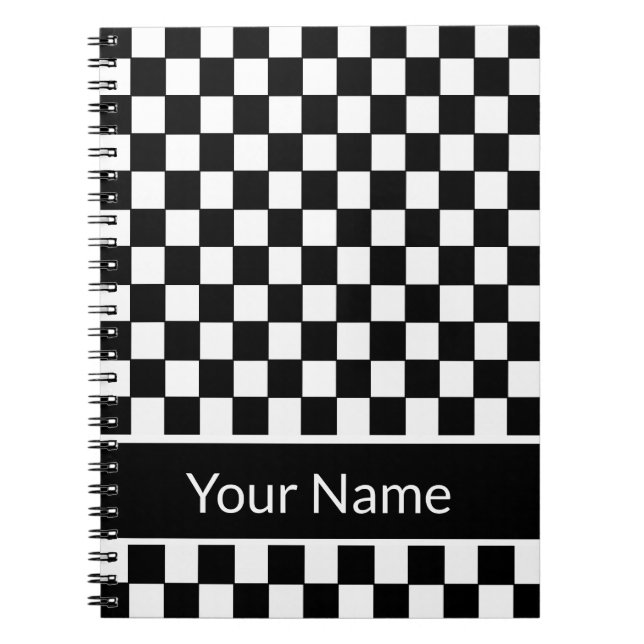 Black and White Checkered Personalized Name Notebook (Front)