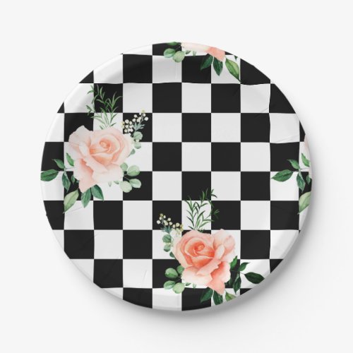 Black and White Checkered  Pink Rose Print Paper Plates