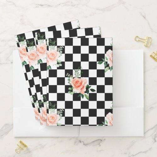 Black and White Checkered  Pink Rose Print Pocket Folder