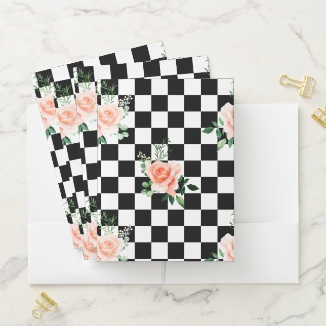Black and White Checkered & Pink Rose Print Pocket Folder (In Situ)
