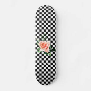 Black and White Checkered & Pink Rose Print Skateboard