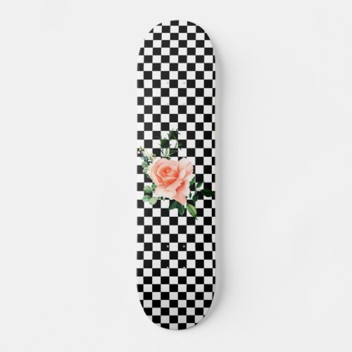Black and White Checkered  Pink Rose Print Skateboard