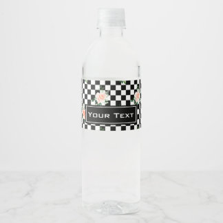 Black and White Checkered & Pink Rose Print Water Bottle Label