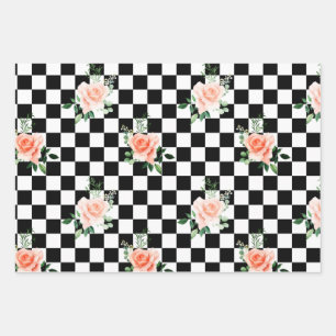 Black and White Checkered & Pink Rose Print Wrapping Paper Sheets