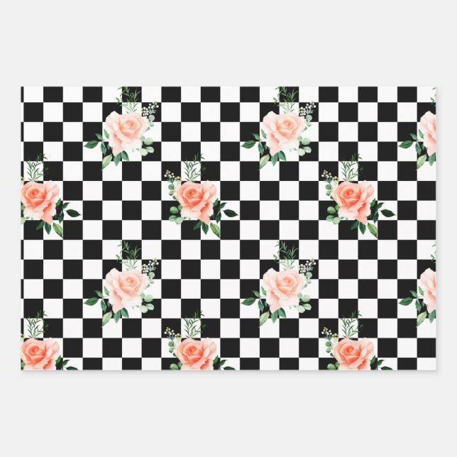 Black and White Checkered & Pink Rose Print Wrapping Paper Sheets (Front)