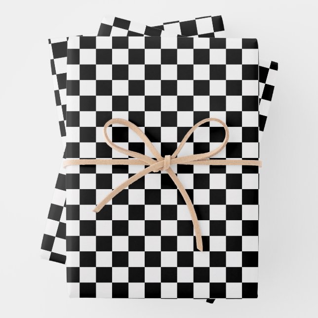 Black and White Checkered Print Wrapping Paper Sheets (In situ)