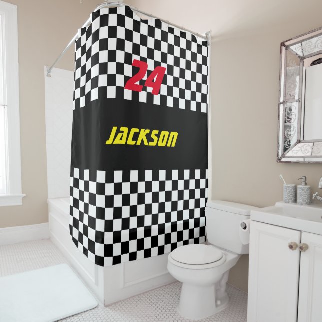Black and White Checkered Race Fans Shower Curtain (In Situ)