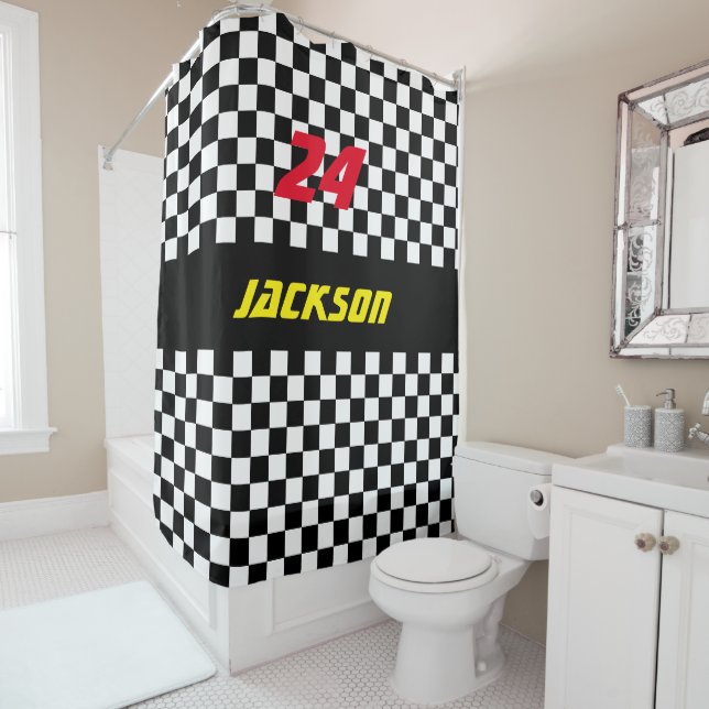 Black and White Checkered Race Fans Shower Curtain (In Situ)