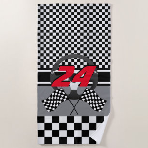 Black and White Checkered Racing 🏎 Design Beach Towel