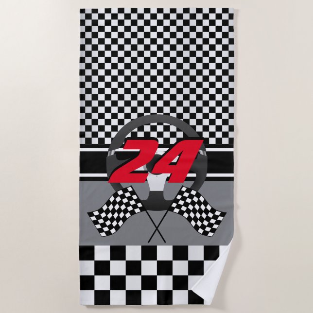 Black and White Checkered Racing 🏎 Design Beach Towel (Front)