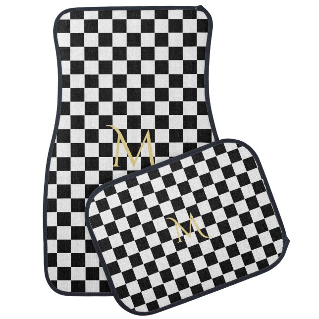 Black and White Checkered Racing Flag Monogrammed Car Floor Mat (Set)