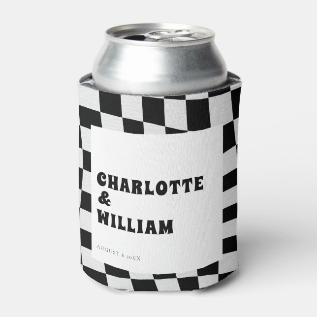 Black and White Checkered Retro Wedding Favors Can Cooler (Can Front)