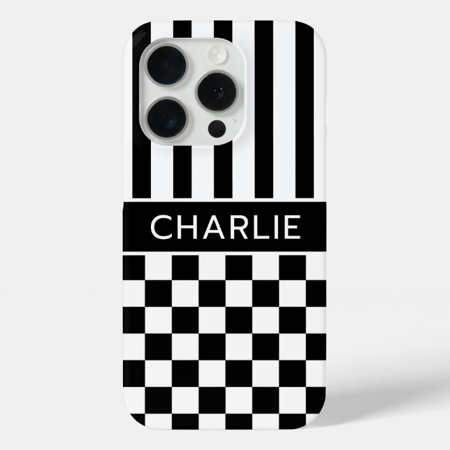 Black and White Checkered Striped Personalized Case-Mate iPhone Case (Back)