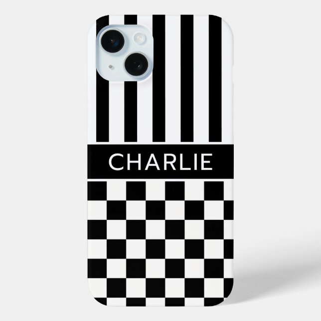 Black and White Checkered Striped Personalized Case-Mate iPhone Case (Back)