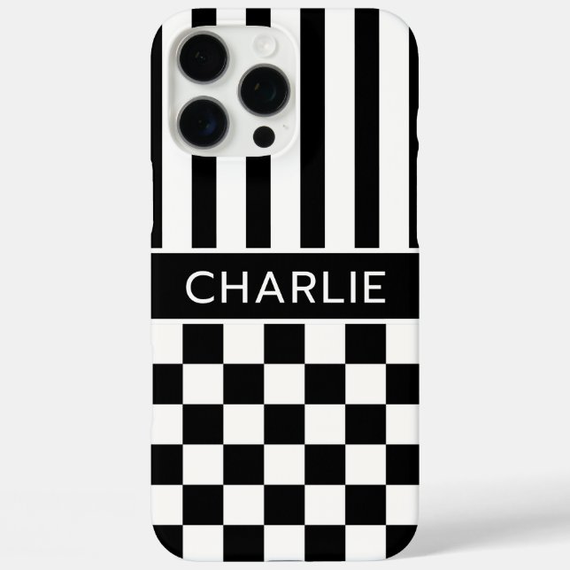 Black and White Checkered Striped Personalized Case-Mate iPhone Case (Back)