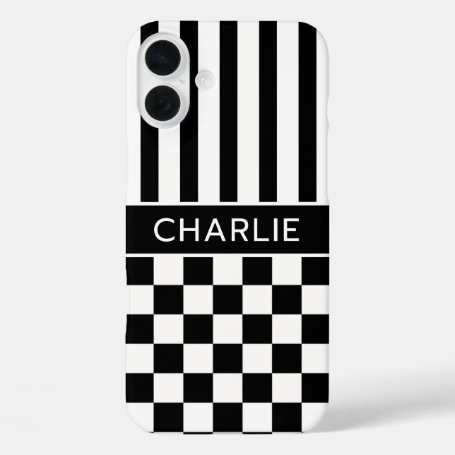Black and White Checkered Striped Personalized Case-Mate iPhone Case (Back)