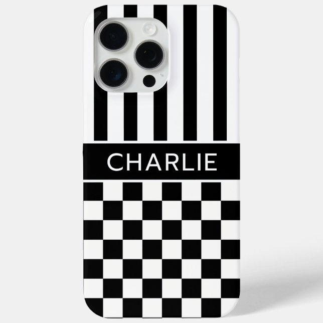 Black and White Checkered Striped Personalized Case-Mate iPhone Case (Back)