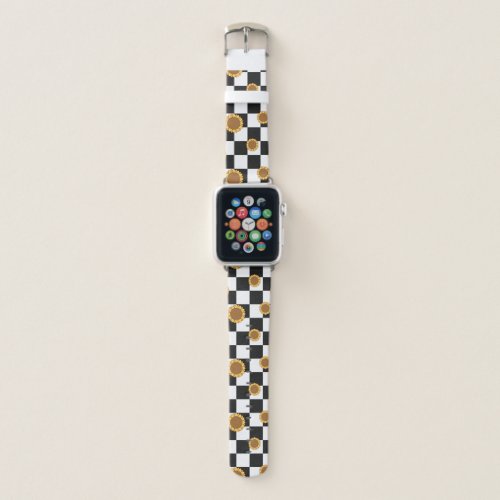 Black and White Checkered  Sunflower Print Apple Watch Band