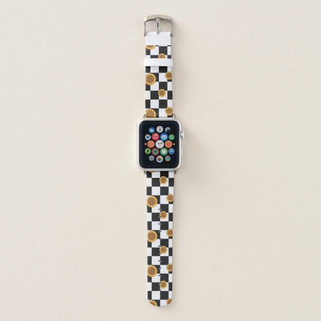Black and White Checkered & Sunflower Print Apple Watch Band (Front)
