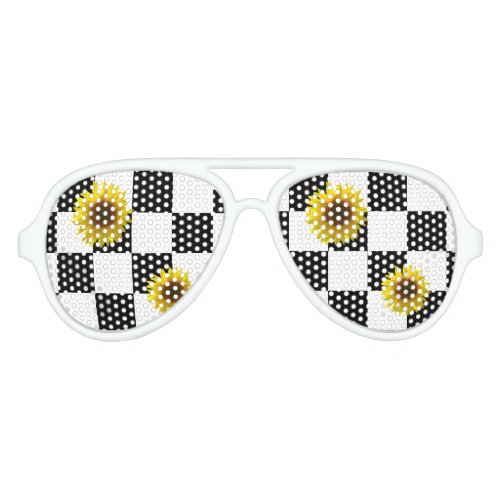 Black and White Checkered  Sunflower Print Aviator Sunglasses