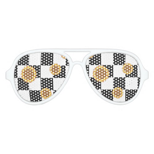 Black and White Checkered  Sunflower Print Aviator Sunglasses