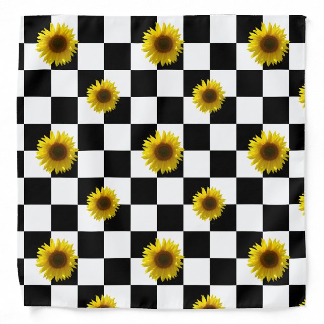 Black and White Checkered & Sunflower Print Bandana (Front)
