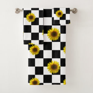 Black and White Checkered & Sunflower Print Bath Towel Set