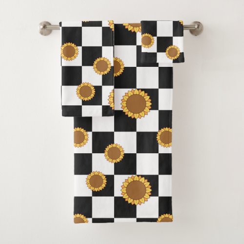 Black and White Checkered  Sunflower Print Bath Towel Set