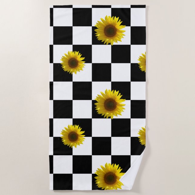 Black and White Checkered & Sunflower Print Beach Towel (Front)
