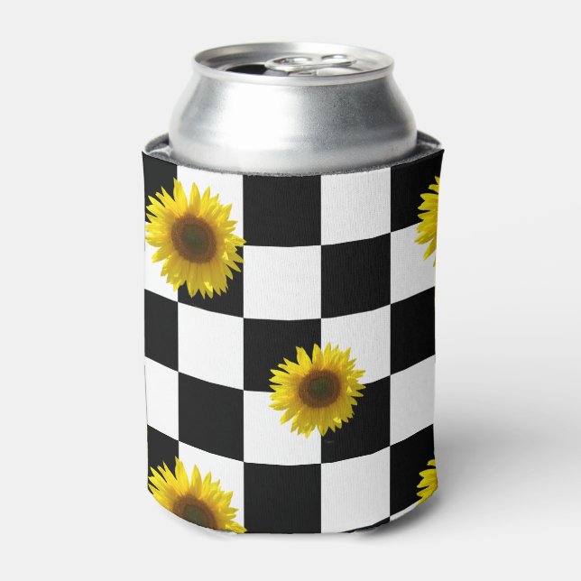 Black and White Checkered & Sunflower Print Can Cooler (Can Front)