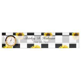 Black and White Checkered & Sunflower Print Desk Name Plate
