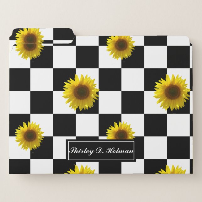 Black and White Checkered & Sunflower Print File Folder (Front Left)