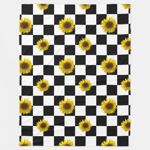 Black and White Checkered  Sunflower Print Fleece Blanket