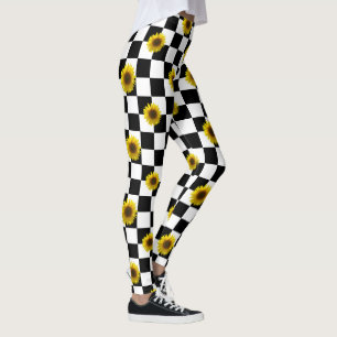 Black and White Checkered & Sunflower Print Leggings