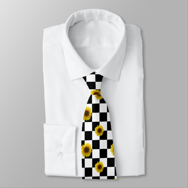 Black and White Checkered & Sunflower Print Neck Tie (Tied)
