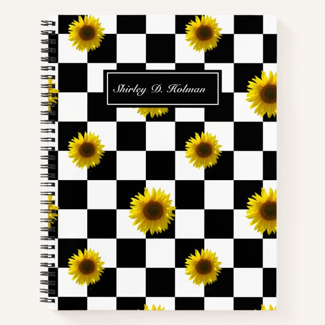 Black and White Checkered & Sunflower Print Notebook (Front)