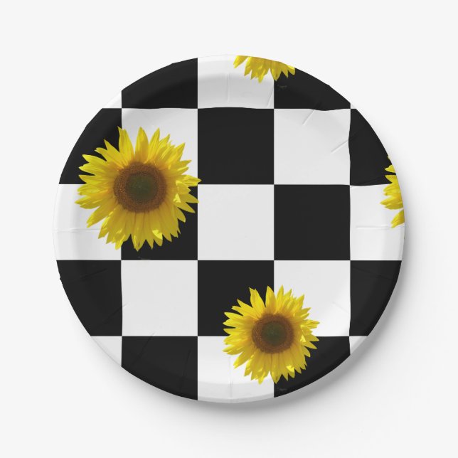Black and White Checkered & Sunflower Print Paper Plates (Front)